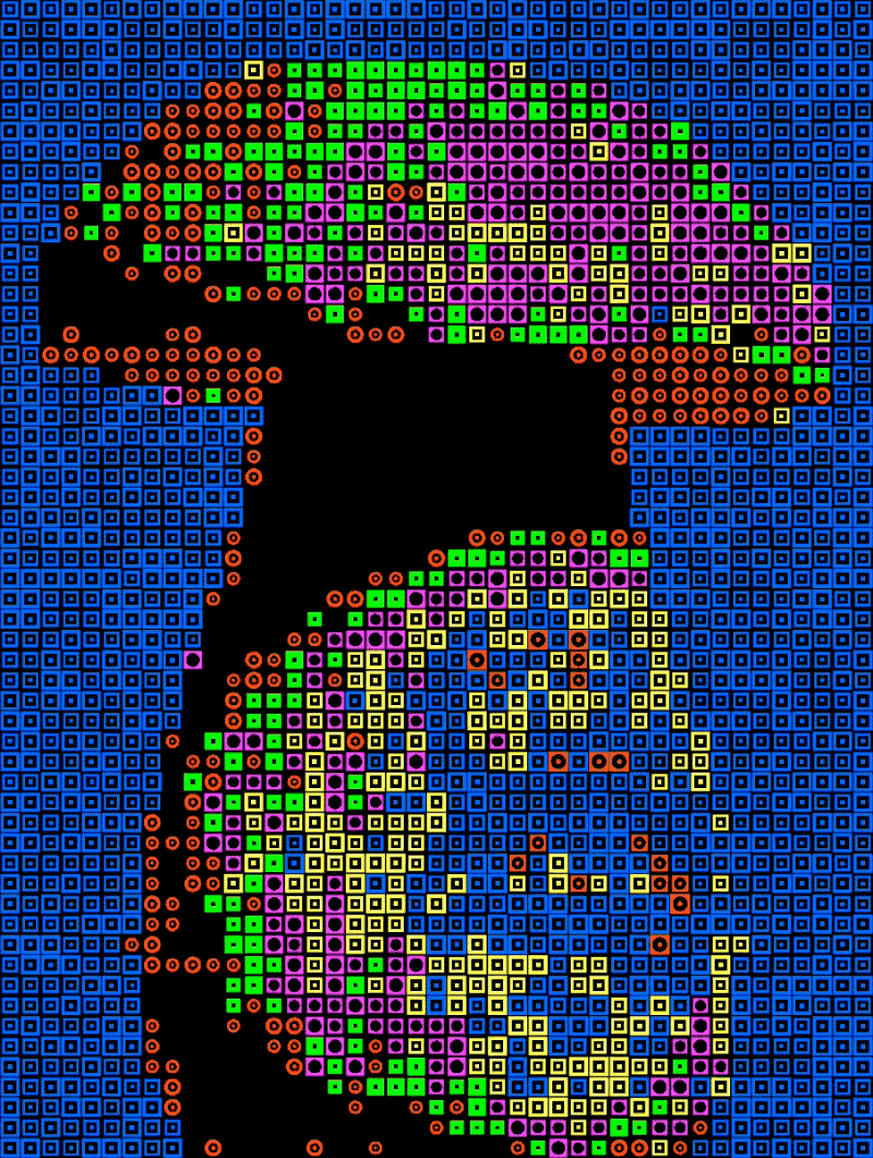 Bright dither grid forming a colorful abstract shape on black