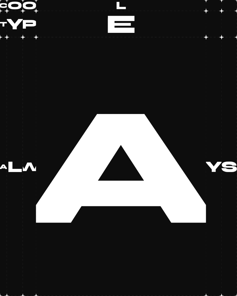 Black and white stretch type composition with a large letter A