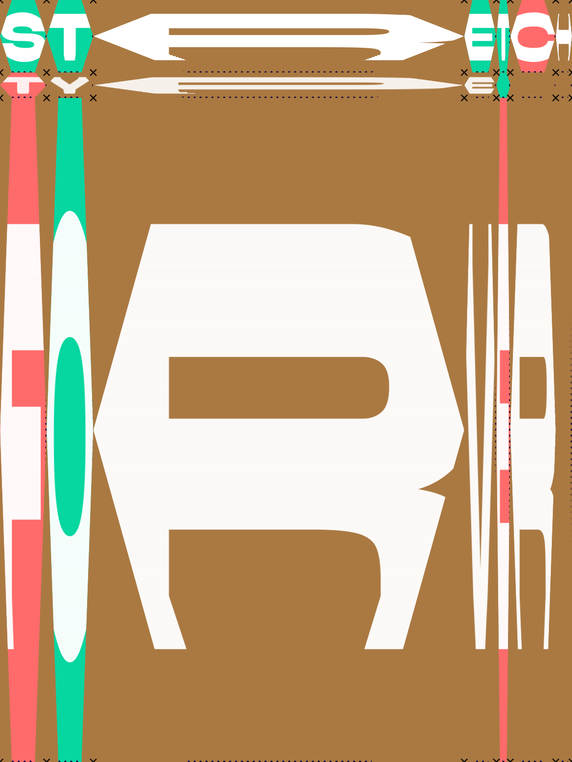 Brown, green, coral, and white stretch type composition with a large letter R